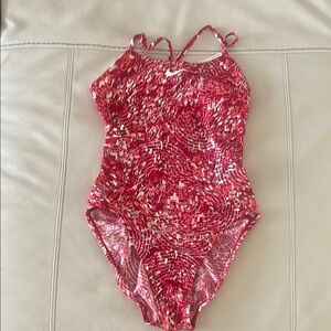 Nike Red, White and Silver Patterned One Piece Swimsuit